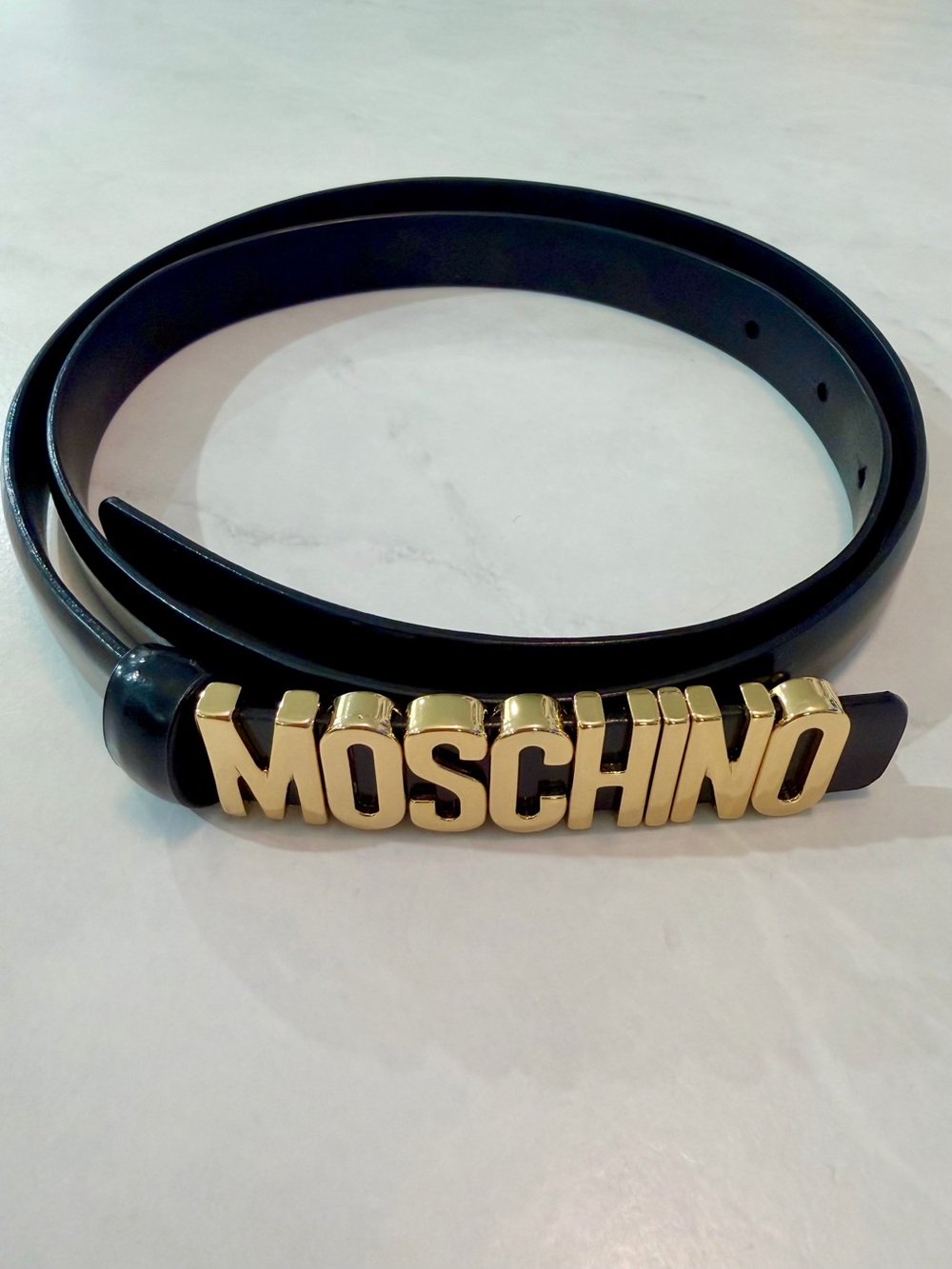 Moschino Black Brushed Leather Belt with Gold Logo Size 42 Medium
